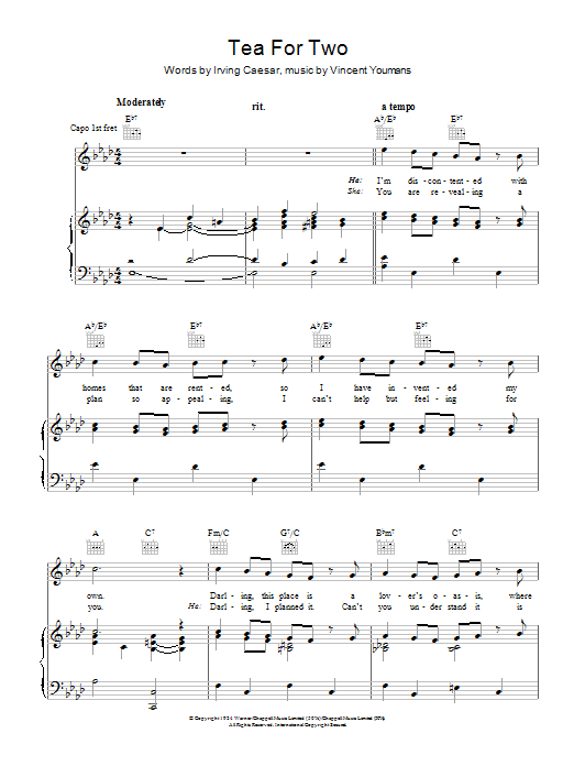 Vincent Youmans Tea For Two Sheet Music Notes & Chords for Piano, Vocal & Guitar (Right-Hand Melody) - Download or Print PDF
