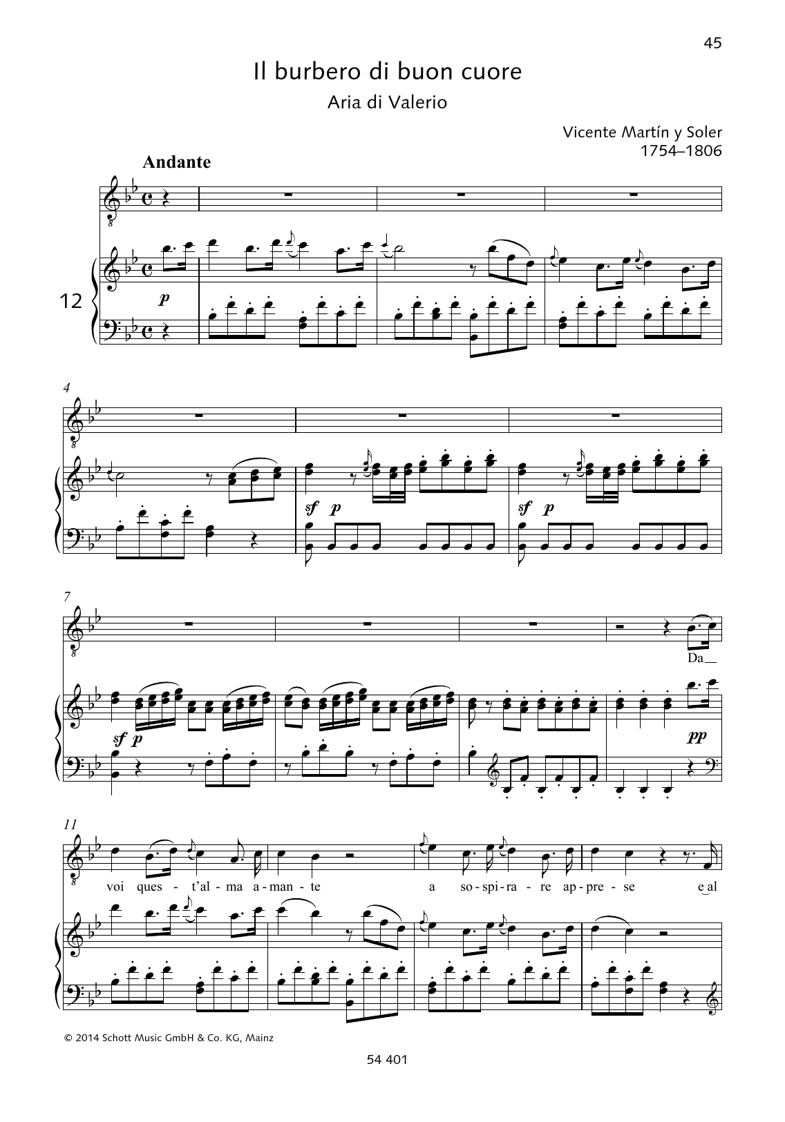 Vincente Martin Y Soler Da voi quest'alma amante Sheet Music Notes & Chords for Piano & Vocal - Download or Print PDF