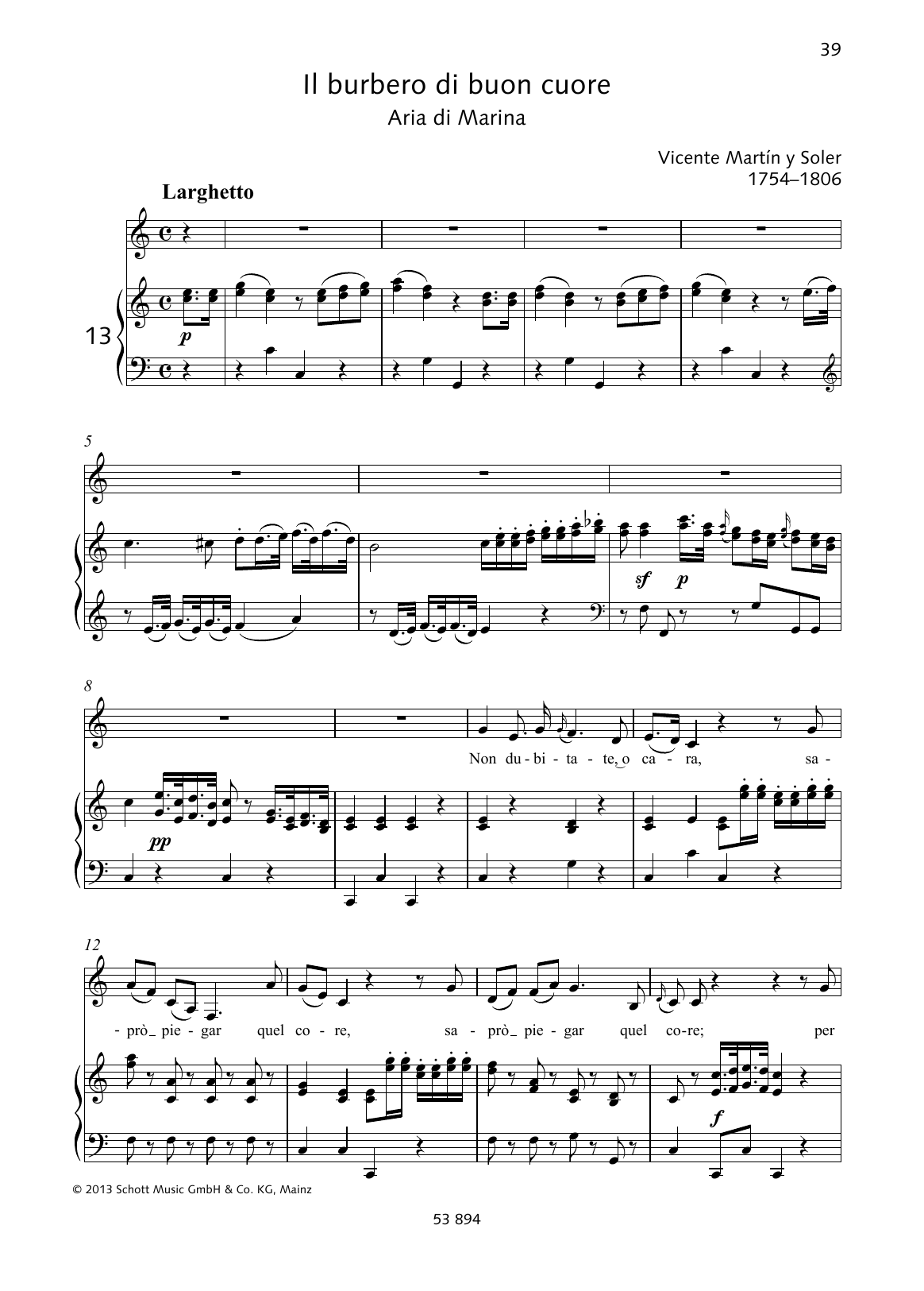 Vincente Martin Y Soler Non dubitate, o cara Sheet Music Notes & Chords for Piano & Vocal - Download or Print PDF