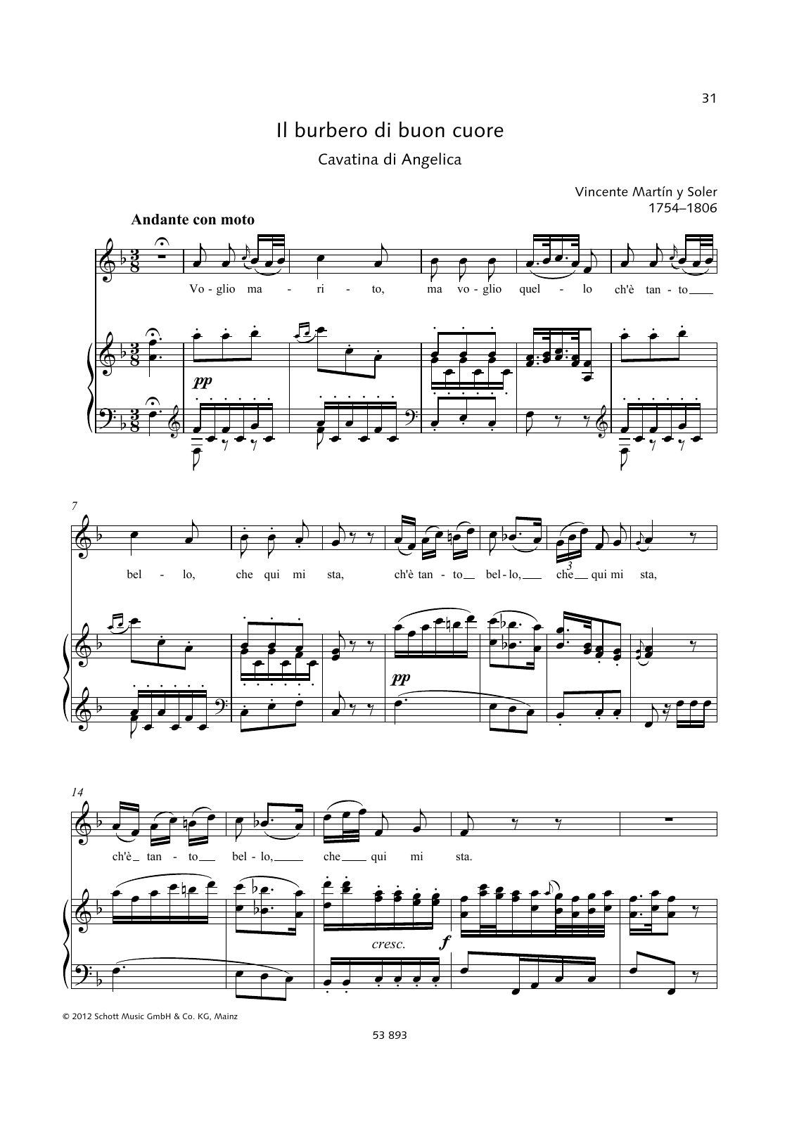 Vincente Martin Y Soler Voglio Marito Sheet Music Notes & Chords for Piano & Vocal - Download or Print PDF