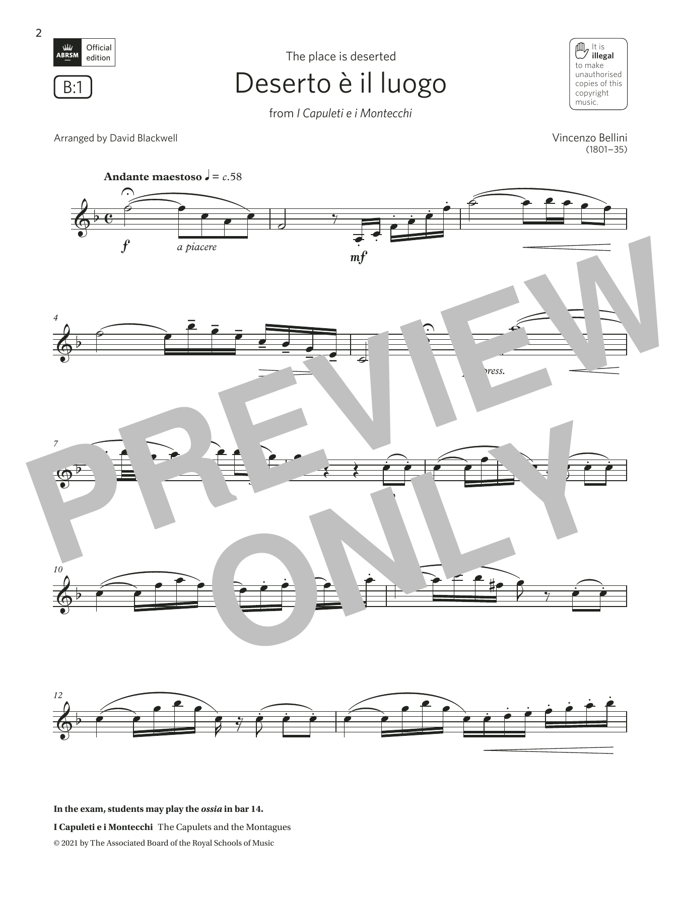 Vincenzo Bellini Deserto è il luogo (Grade 5 List B1 from the ABRSM Clarinet syllabus from 2022) Sheet Music Notes & Chords for Clarinet Solo - Download or Print PDF