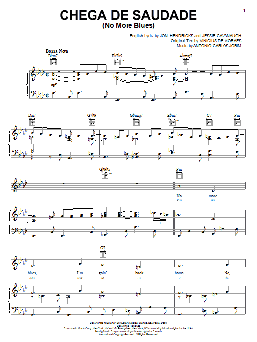 Vinicius de Moraes Chega De Saudade (No More Blues) Sheet Music Notes & Chords for Piano, Vocal & Guitar (Right-Hand Melody) - Download or Print PDF