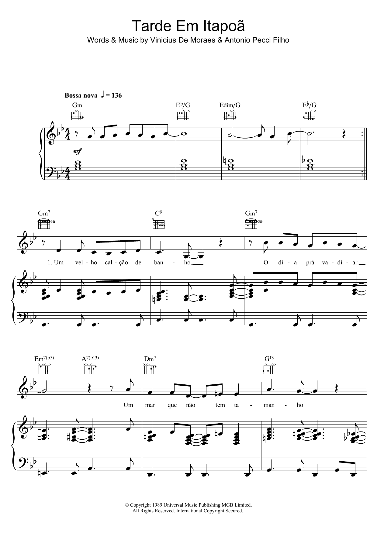 Vinicius de Moraes Tarde Em Itapoa Sheet Music Notes & Chords for Piano, Vocal & Guitar (Right-Hand Melody) - Download or Print PDF