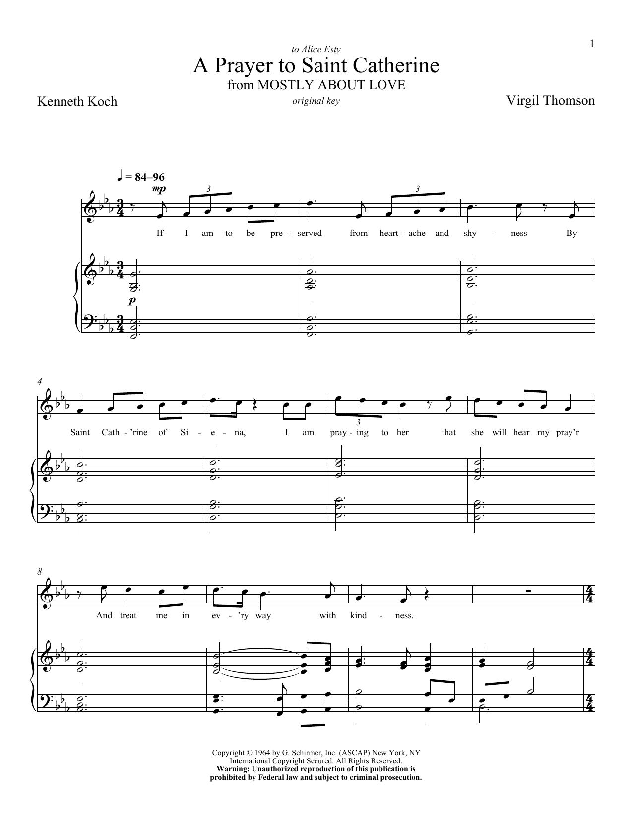 Virgil Thomson A Prayer To Saint Catherine Sheet Music Notes & Chords for Piano & Vocal - Download or Print PDF