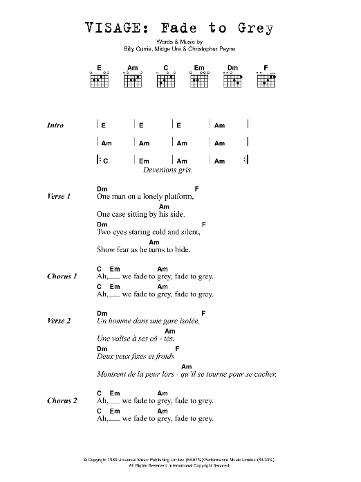 Visage Fade To Grey Sheet Music Notes & Chords for Lyrics & Chords - Download or Print PDF