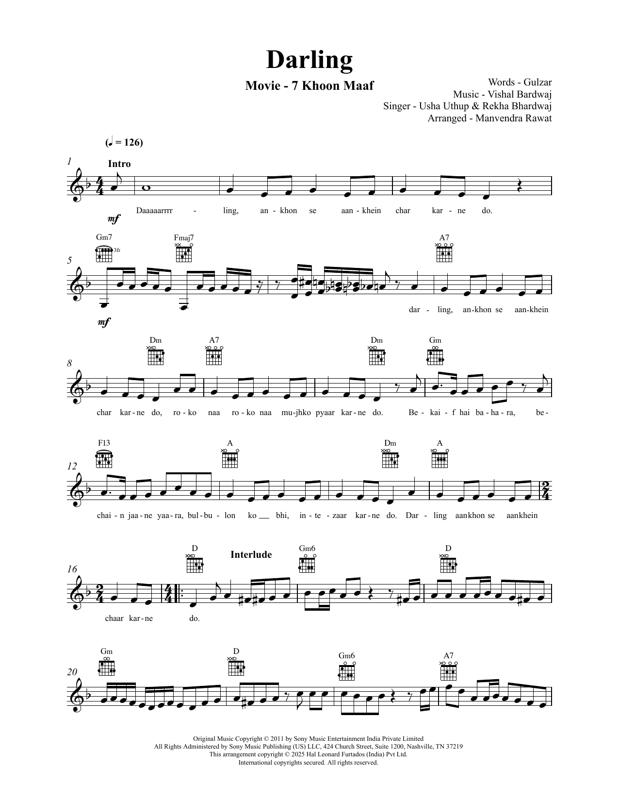 Vishal Bardwaj Darling (from 7 Khoon Maaf) Sheet Music Notes & Chords for Lead Sheet / Fake Book - Download or Print PDF