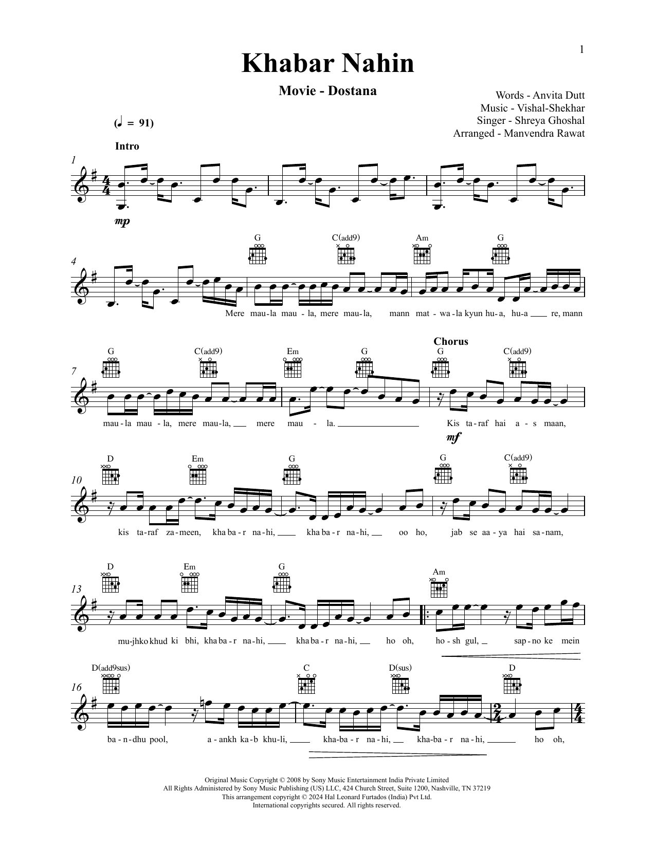 Vishal Dadlani and Shekhar Ravjiani Khabar Nahin (from Dostana) Sheet Music Notes & Chords for Lead Sheet / Fake Book - Download or Print PDF