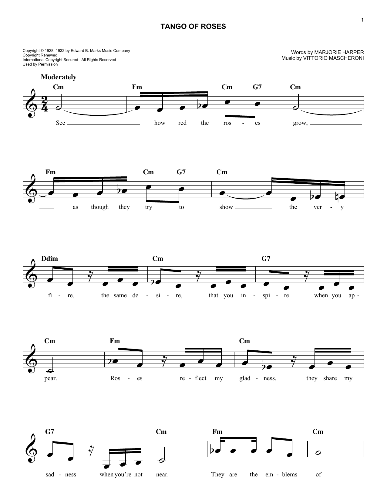 Vittorio Mascheroni Tango Of Roses Sheet Music Notes & Chords for Melody Line, Lyrics & Chords - Download or Print PDF