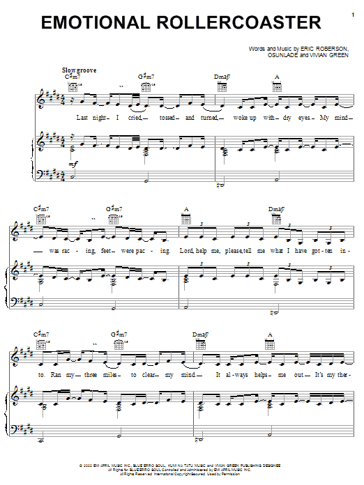 Vivian Green Emotional Rollercoaster Sheet Music Notes & Chords for Piano, Vocal & Guitar (Right-Hand Melody) - Download or Print PDF