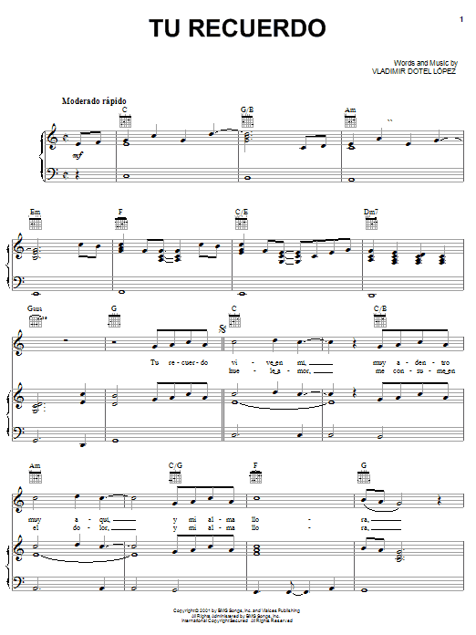 Vladimir Dotel Lopez Tu Recuerdo Sheet Music Notes & Chords for Piano, Vocal & Guitar (Right-Hand Melody) - Download or Print PDF