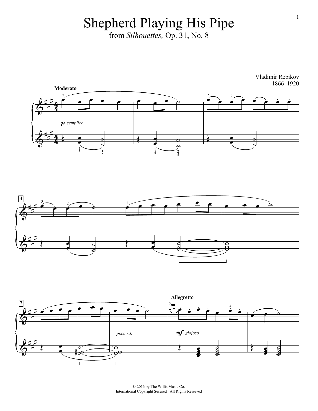 Vladimir Rebikov Shepherd Playing His Pipe Sheet Music Notes & Chords for Educational Piano - Download or Print PDF
