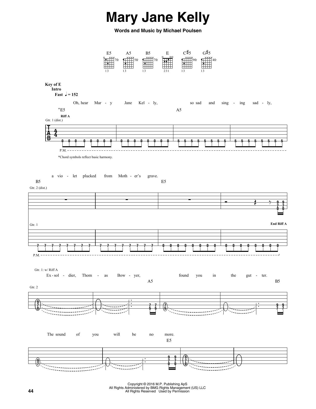 Volbeat Mary Jane Kelly Sheet Music Notes & Chords for Guitar Tab - Download or Print PDF