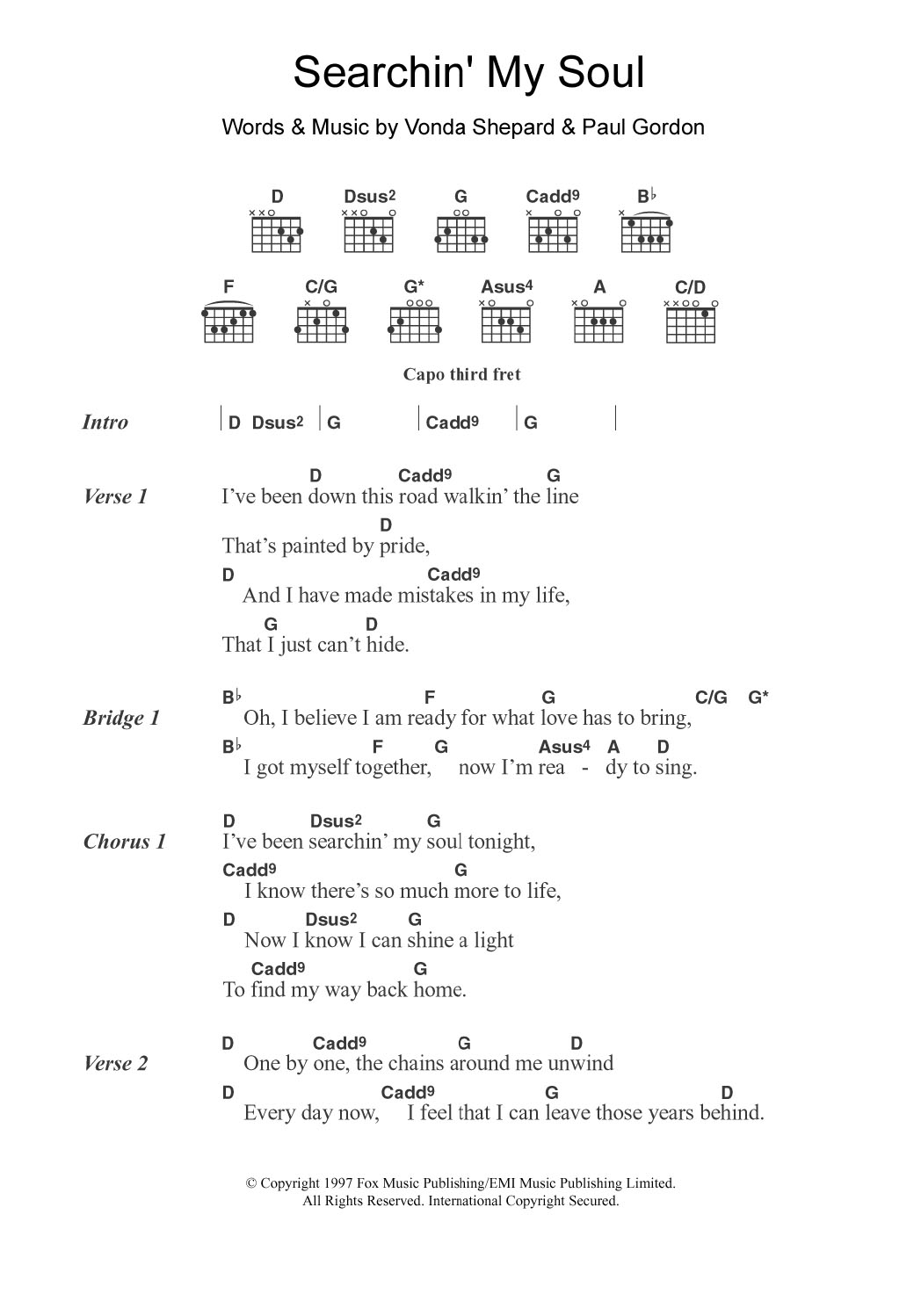 Vonda Shepard Searchin' My Soul (theme from Ally McBeal) Sheet Music Notes & Chords for Guitar Chords/Lyrics - Download or Print PDF