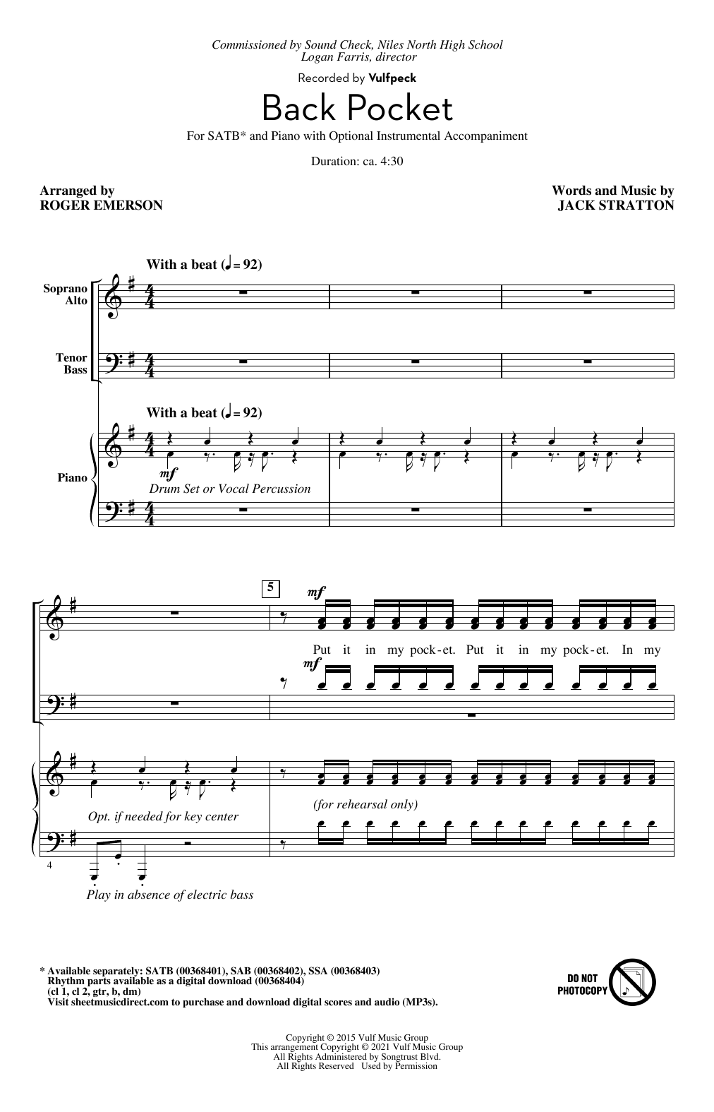 Vulfpeck Back Pocket (arr. Roger Emerson) Sheet Music Notes & Chords for SAB Choir - Download or Print PDF