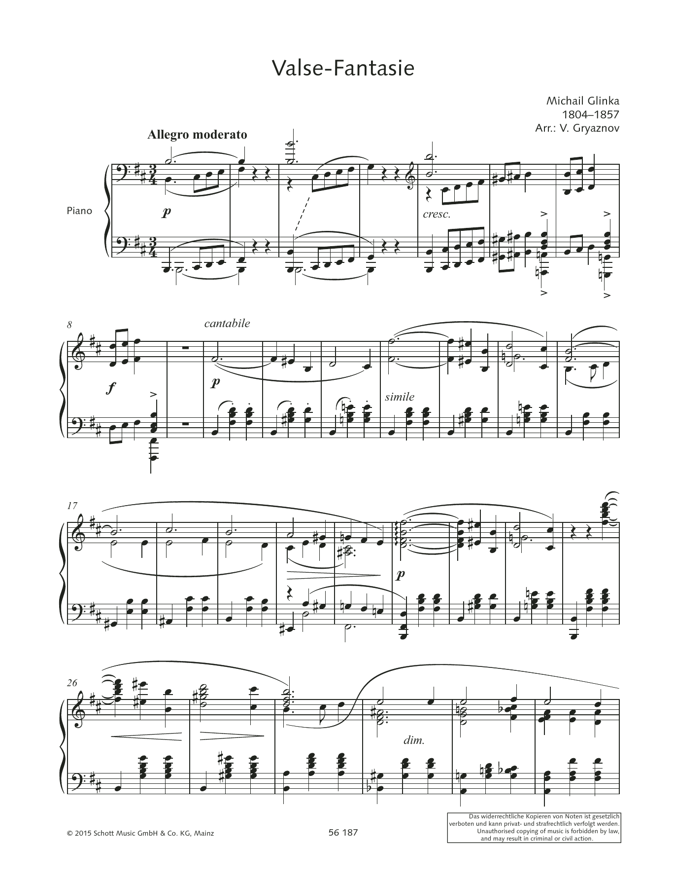 Vyacheslav Gryaznov Valse-Fantasie Sheet Music Notes & Chords for Piano Solo - Download or Print PDF