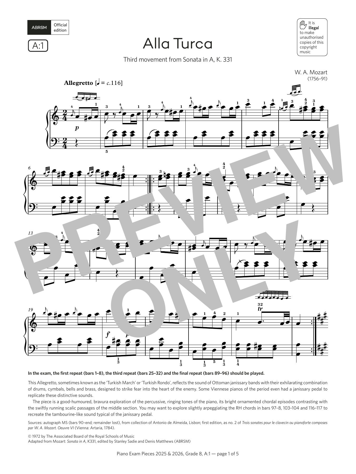 W. A. Mozart Alla Turca (Grade 8, list A1, from the ABRSM Piano Syllabus 2025 & 2026) Sheet Music Notes & Chords for Piano Solo - Download or Print PDF