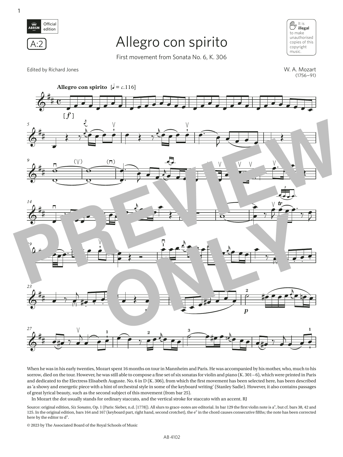 W. A. Mozart Allegro con spirito (Grade 8, A2, from the ABRSM Violin Syllabus from 2024) Sheet Music Notes & Chords for Violin Solo - Download or Print PDF W. A. Mozart Allegro con spirito (Grade 8, A2, from the ABRSM Violin Syllabus from 2024) Sheet Music Notes & Chords for Violin Solo - Download or Print PDF