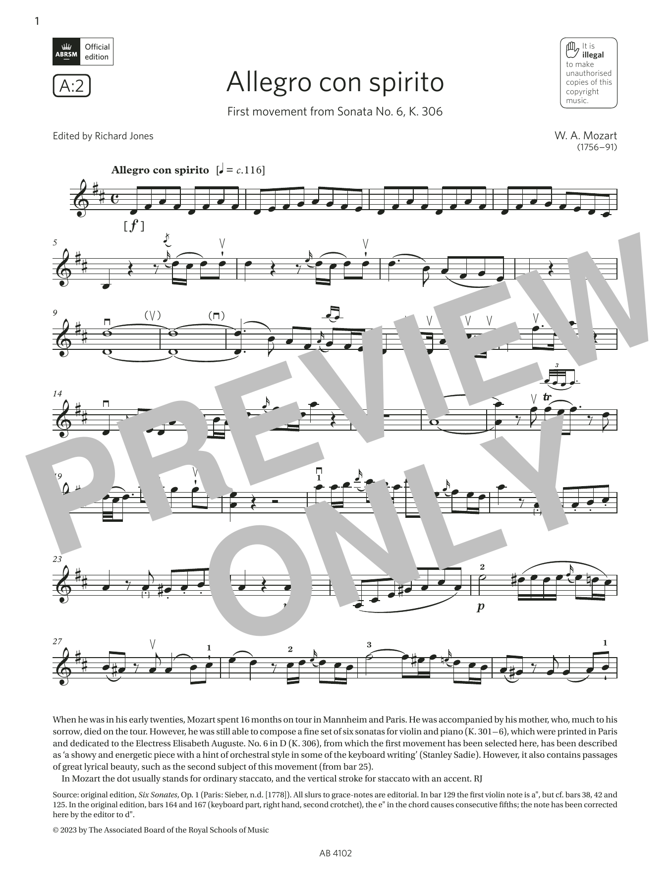 W. A. Mozart Allegro con spirito (Grade 8, A2, from the ABRSM Violin Syllabus from 2024) Sheet Music Notes & Chords for Violin Solo - Download or Print PDF