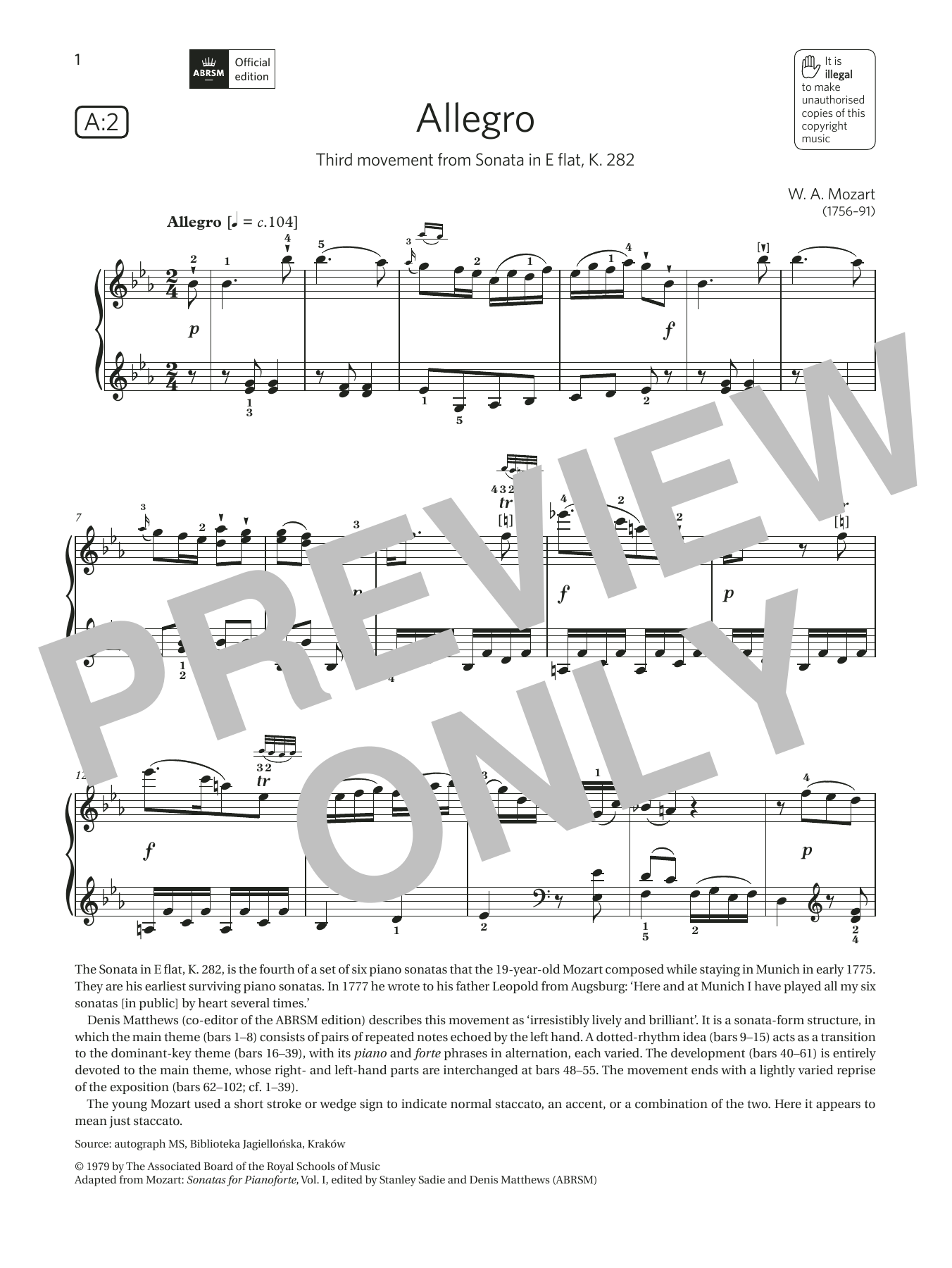 W. A. Mozart Allegro (Grade 6, list A2, from the ABRSM Piano Syllabus 2021 & 2022) Sheet Music Notes & Chords for Piano Solo - Download or Print PDF