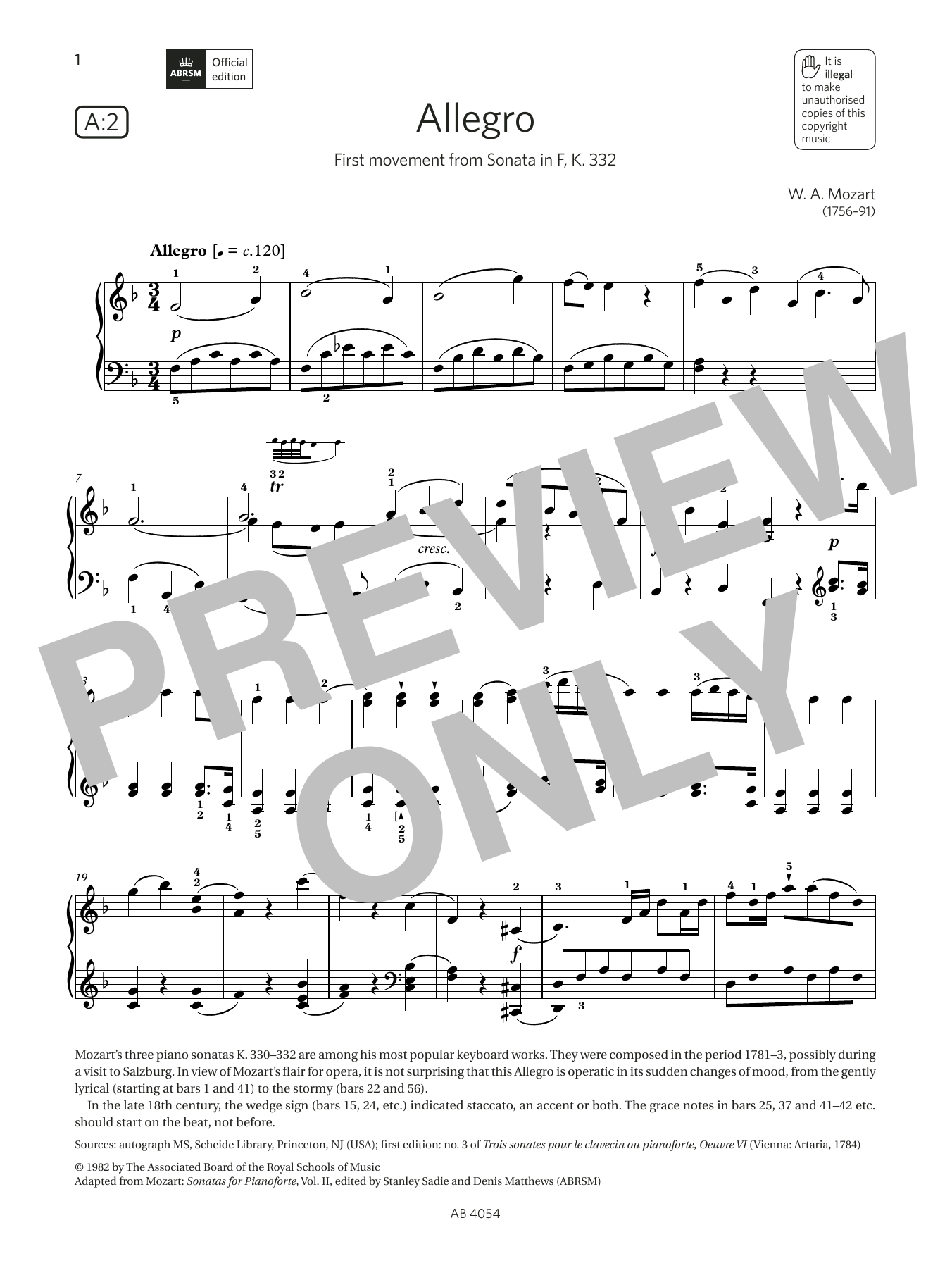 W A Mozart Allegro (Grade 8, list A2, from the ABRSM Piano Syllabus 2023 & 2024) Sheet Music Notes & Chords for Piano Solo - Download or Print PDF