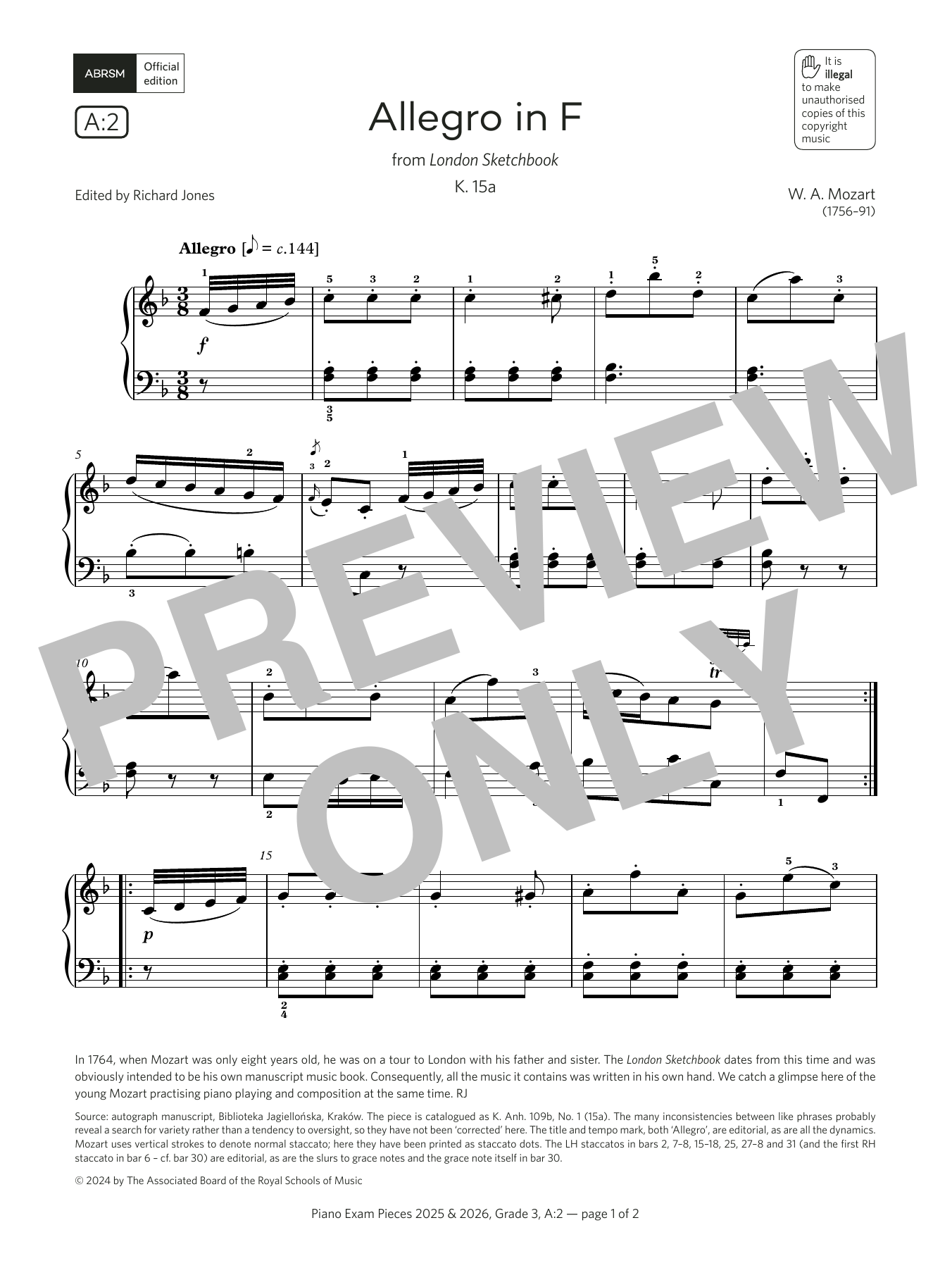 W. A. Mozart Allegro in F (Grade 3, list A2, from the ABRSM Piano Syllabus 2025 & 2026) Sheet Music Notes & Chords for Piano Solo - Download or Print PDF