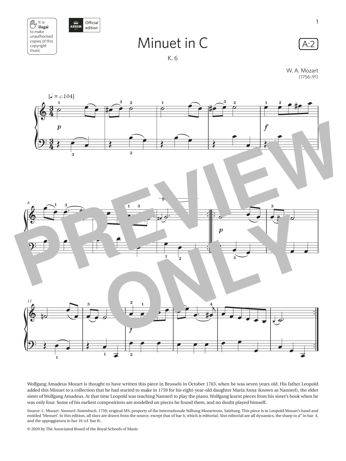 W. A. Mozart Minuet in C (Grade 1, list A2, from the ABRSM Piano Syllabus 2021 & 2022) Sheet Music Notes & Chords for Piano Solo - Download or Print PDF