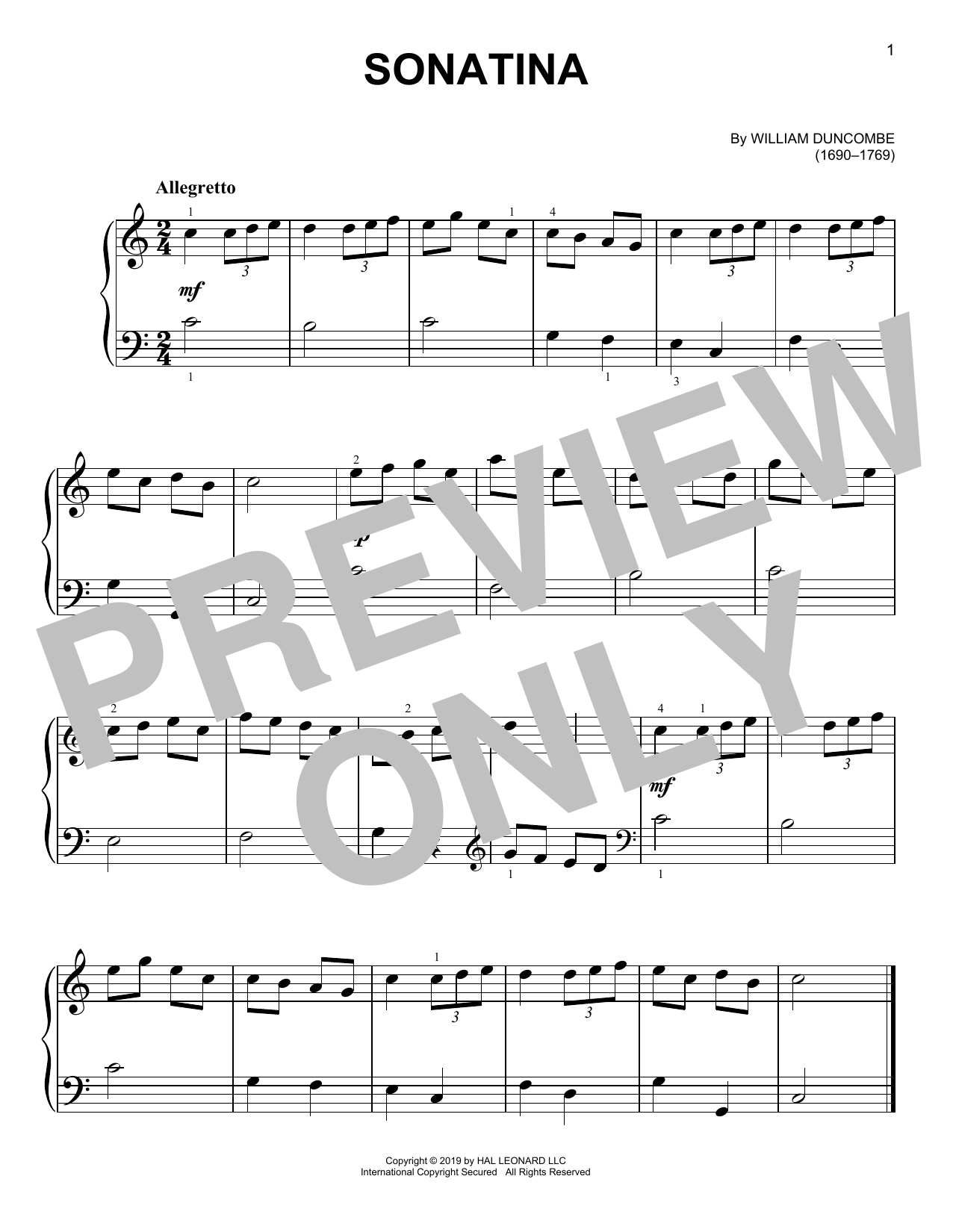 W. Duncombe Sonatina Sheet Music Notes & Chords for Easy Piano - Download or Print PDF