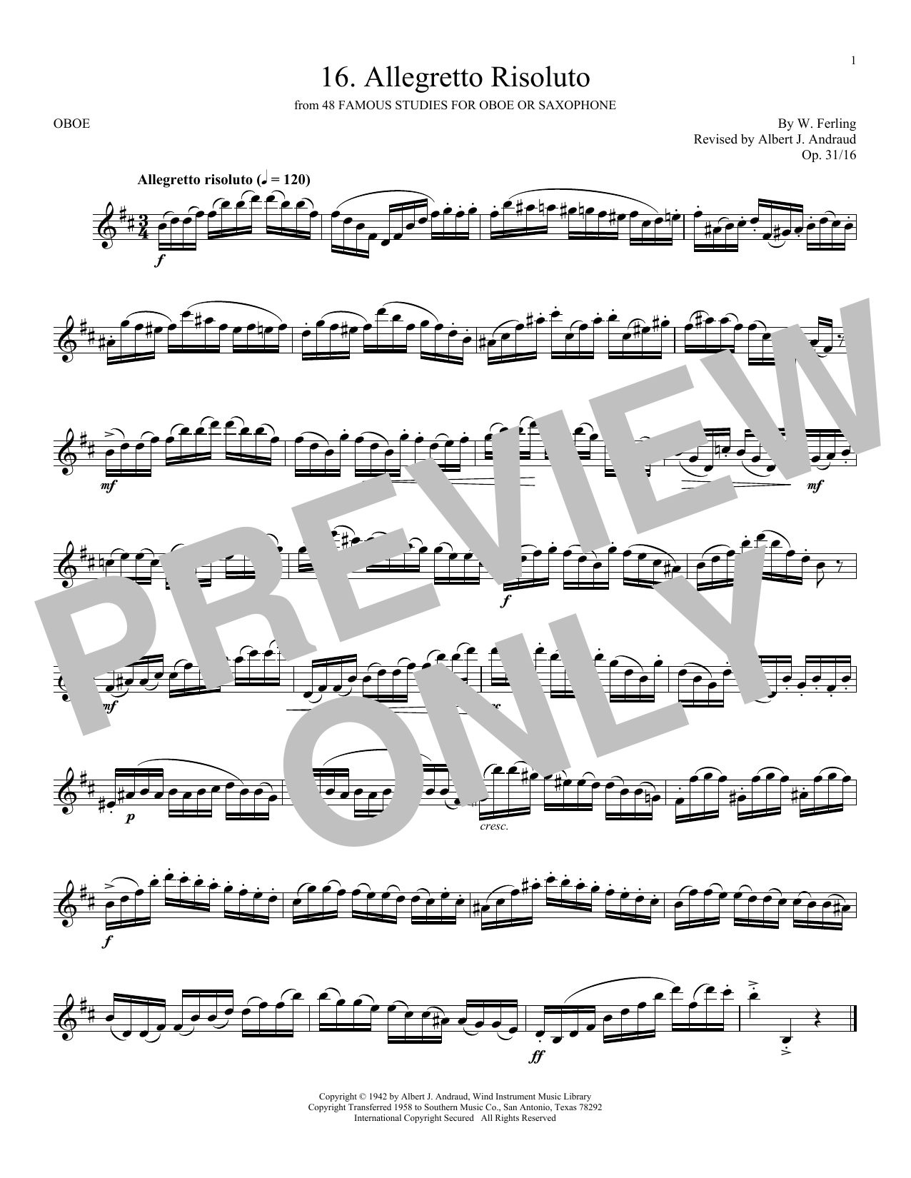 W. Ferling Etude No. 16 Sheet Music Notes & Chords for Oboe Solo - Download or Print PDF