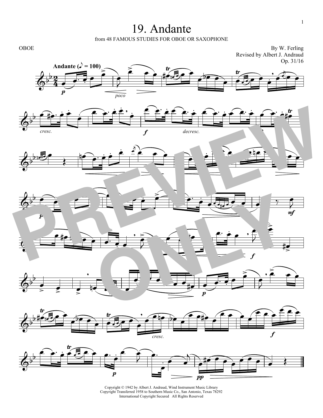 W. Ferling Etude No. 19 Sheet Music Notes & Chords for Oboe Solo - Download or Print PDF