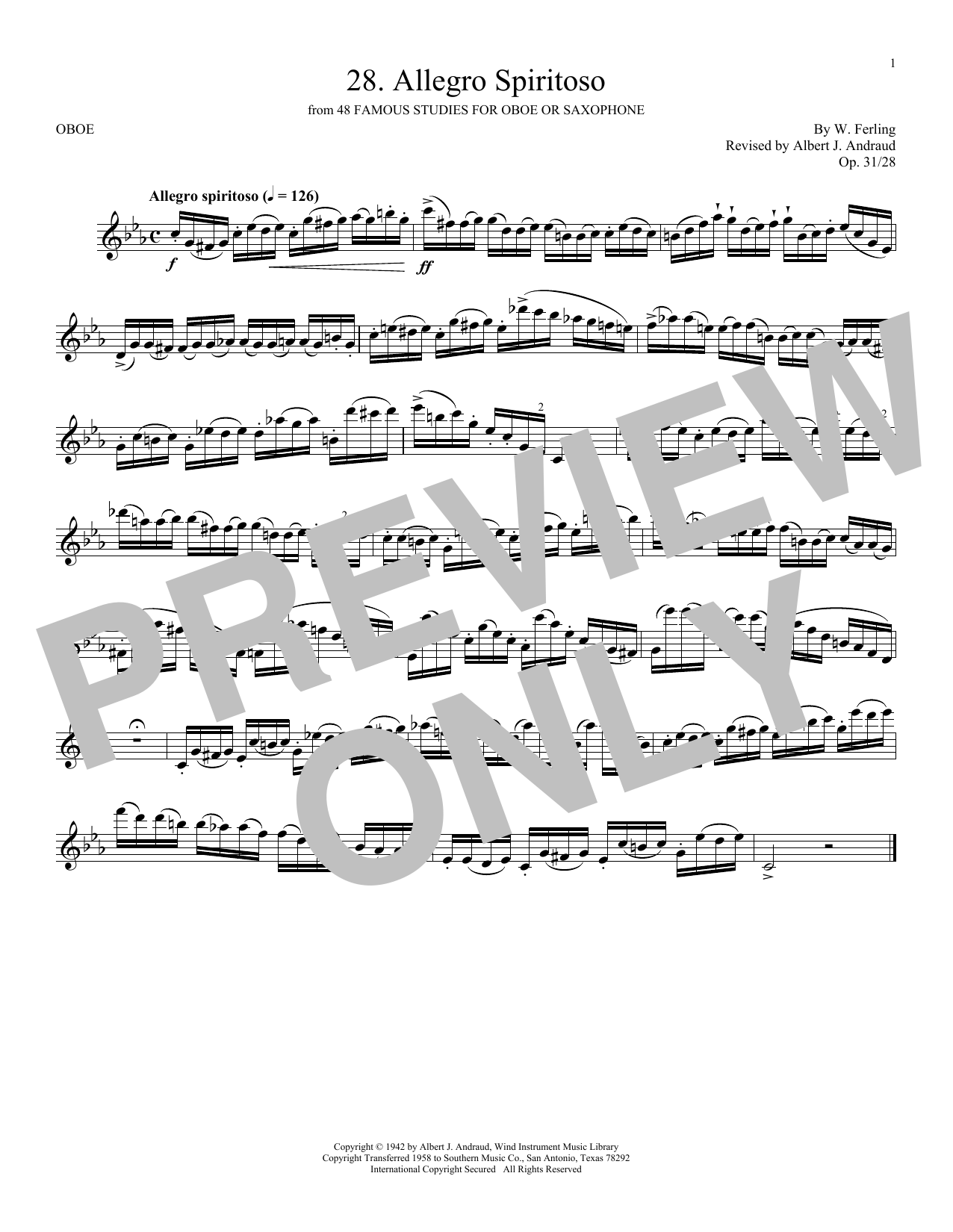 W. Ferling Etude No. 28 Sheet Music Notes & Chords for Oboe Solo - Download or Print PDF