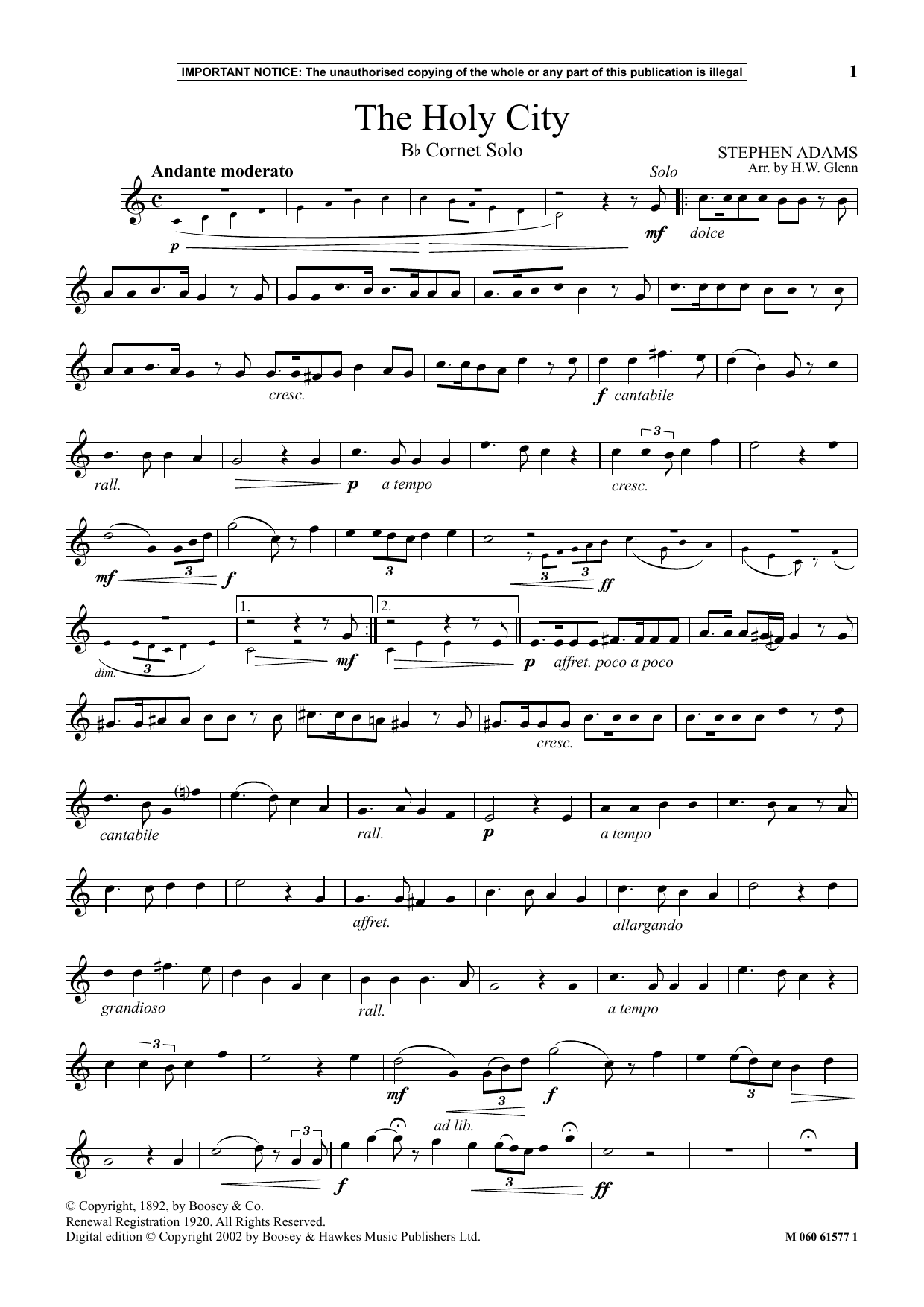 W. H. Glenn The Holy City Sheet Music Notes & Chords for Instrumental Solo - Download or Print PDF