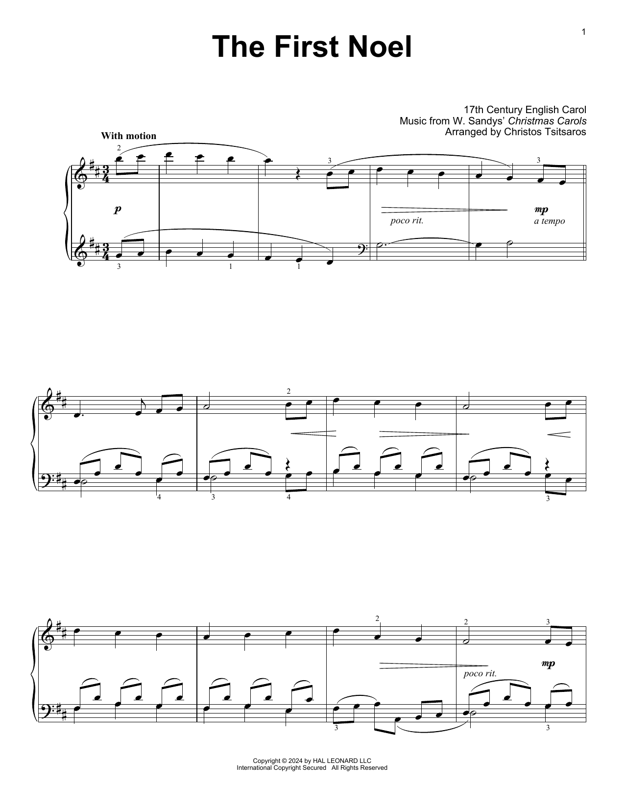 W. Sandys' Christmas Carols The First Noel (arr. Christos Tsitsaros) Sheet Music Notes & Chords for Easy Piano Solo - Download or Print PDF