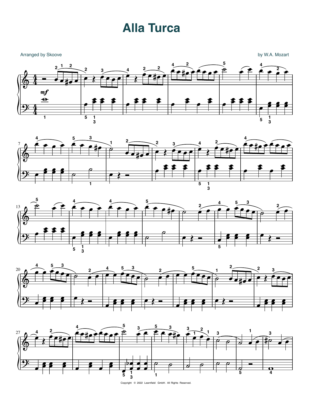 W.A. Mozart Alla Turca (arr. Skoove) Sheet Music Notes & Chords for Easy Piano - Download or Print PDF