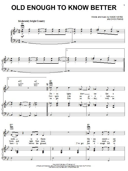 Wade Hayes Old Enough To Know Better Sheet Music Notes & Chords for Piano, Vocal & Guitar (Right-Hand Melody) - Download or Print PDF