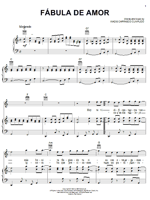 Wadis Carrasco Cumplido Fabula De Amor Sheet Music Notes & Chords for Piano, Vocal & Guitar (Right-Hand Melody) - Download or Print PDF