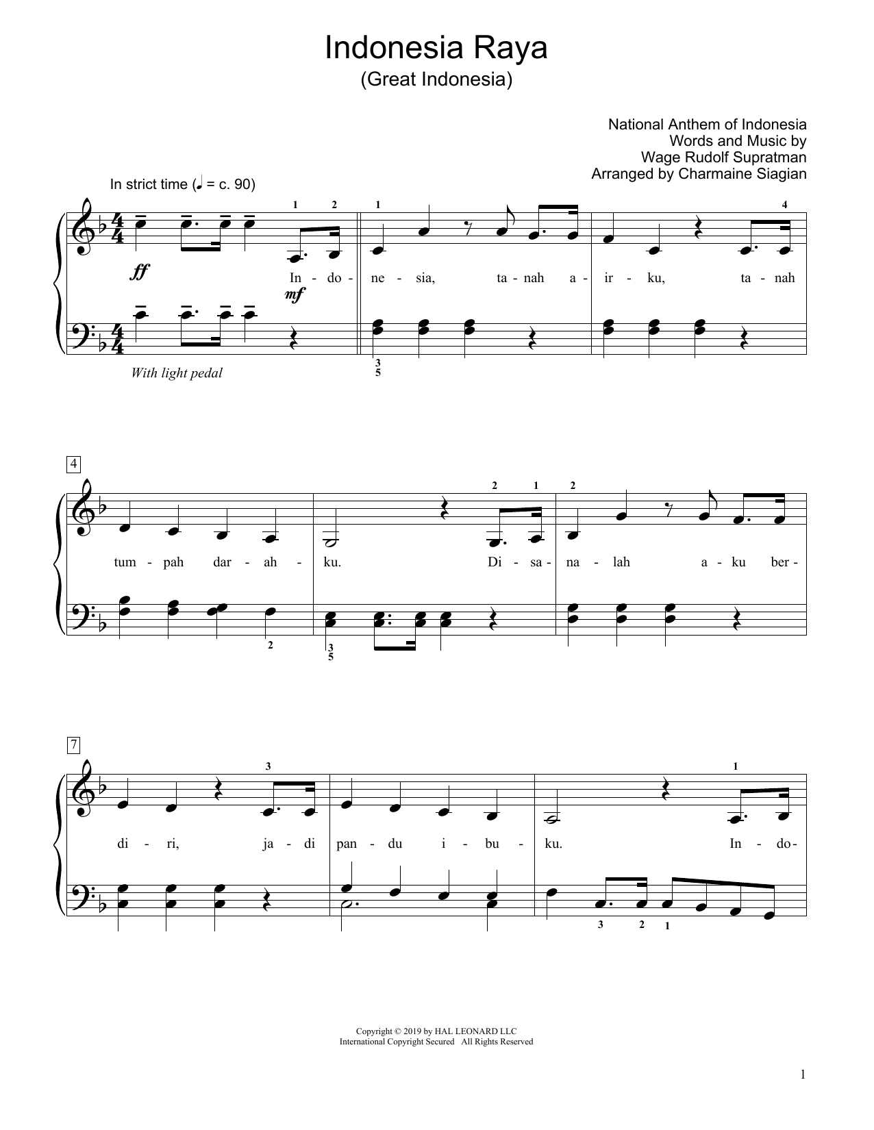 Wage Rudolf Supratman Great Indonesia (Indonesia Raya) (arr. Charmaine Siagian) Sheet Music Notes & Chords for Educational Piano - Download or Print PDF