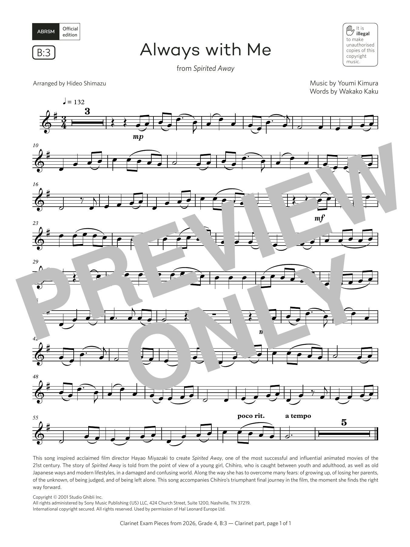 Wakako Kaku Always with Me (Grade 4, list B3, from the ABRSM Clarinet Syllabus from 2026) Sheet Music Notes & Chords for Clarinet Solo - Download or Print PDF Wakako Kaku Always with Me (Grade 4, list B3, from the ABRSM Clarinet Syllabus from 2026) Sheet Music Notes & Chords for Clarinet Solo - Download or Print PDF