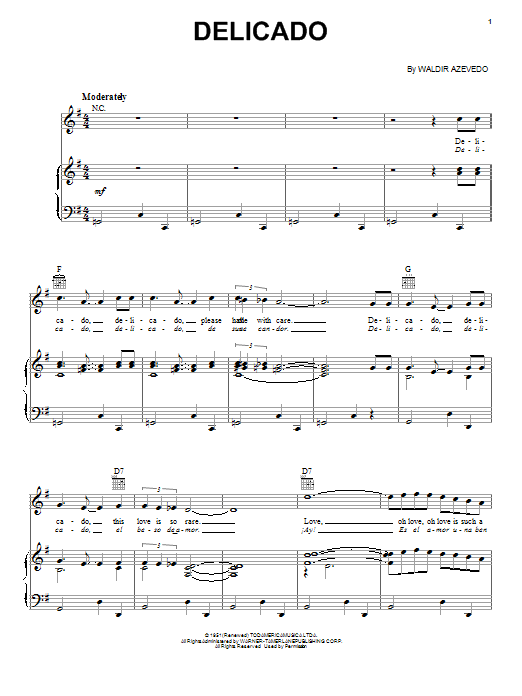 Waldir Azevedo Delicado Sheet Music Notes & Chords for Piano, Vocal & Guitar (Right-Hand Melody) - Download or Print PDF