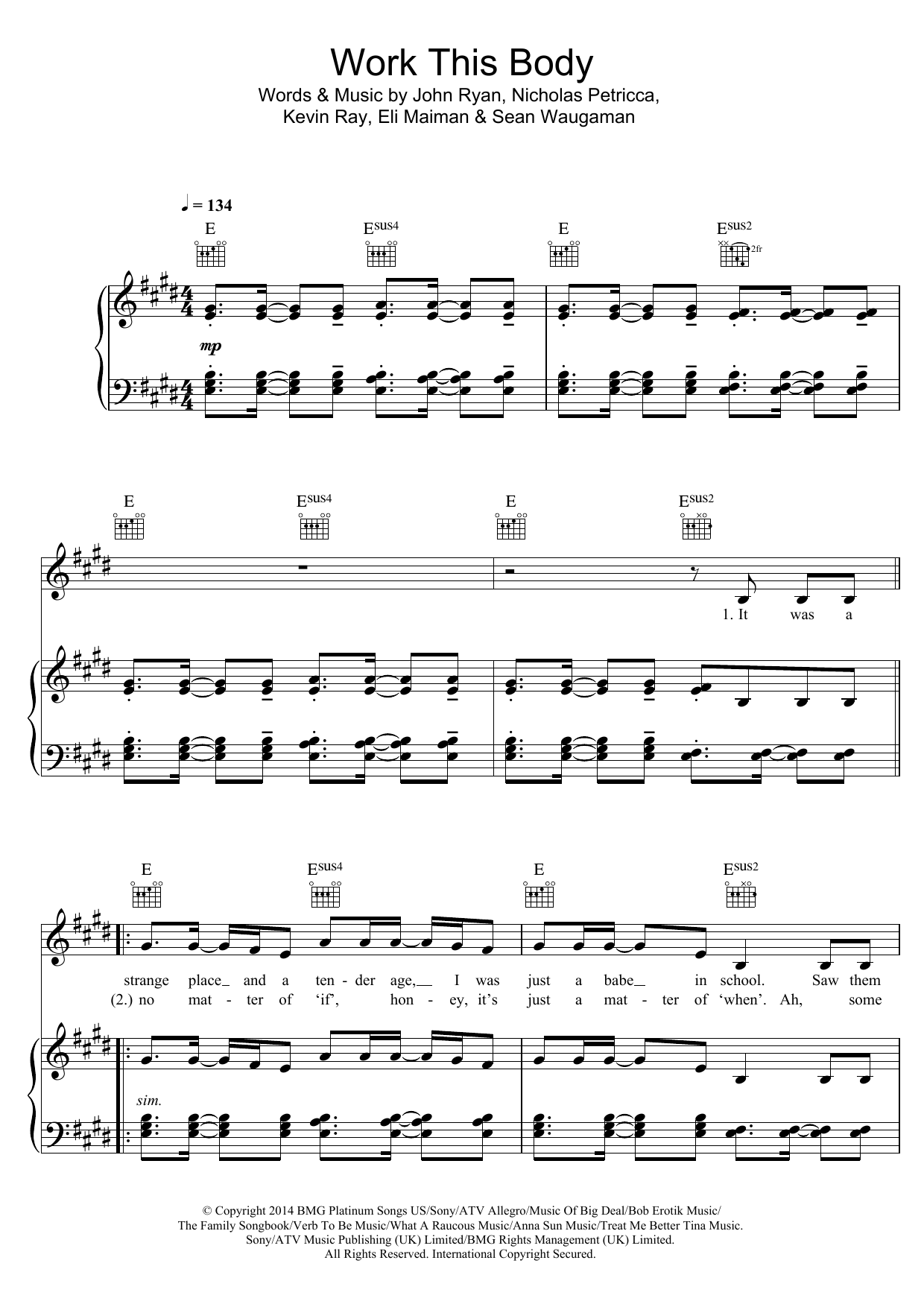 Walk The Moon Work This Body Sheet Music Notes & Chords for Piano, Vocal & Guitar (Right-Hand Melody) - Download or Print PDF