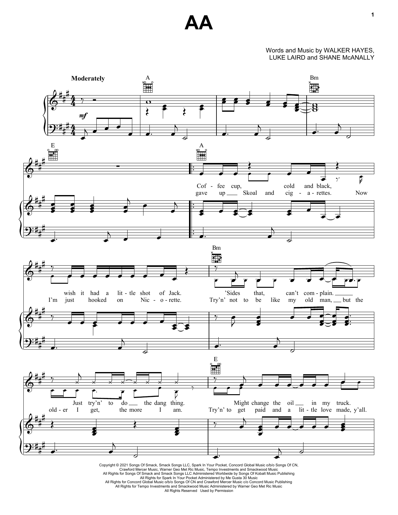 Walker Hayes AA Sheet Music Notes & Chords for Piano, Vocal & Guitar Chords (Right-Hand Melody) - Download or Print PDF