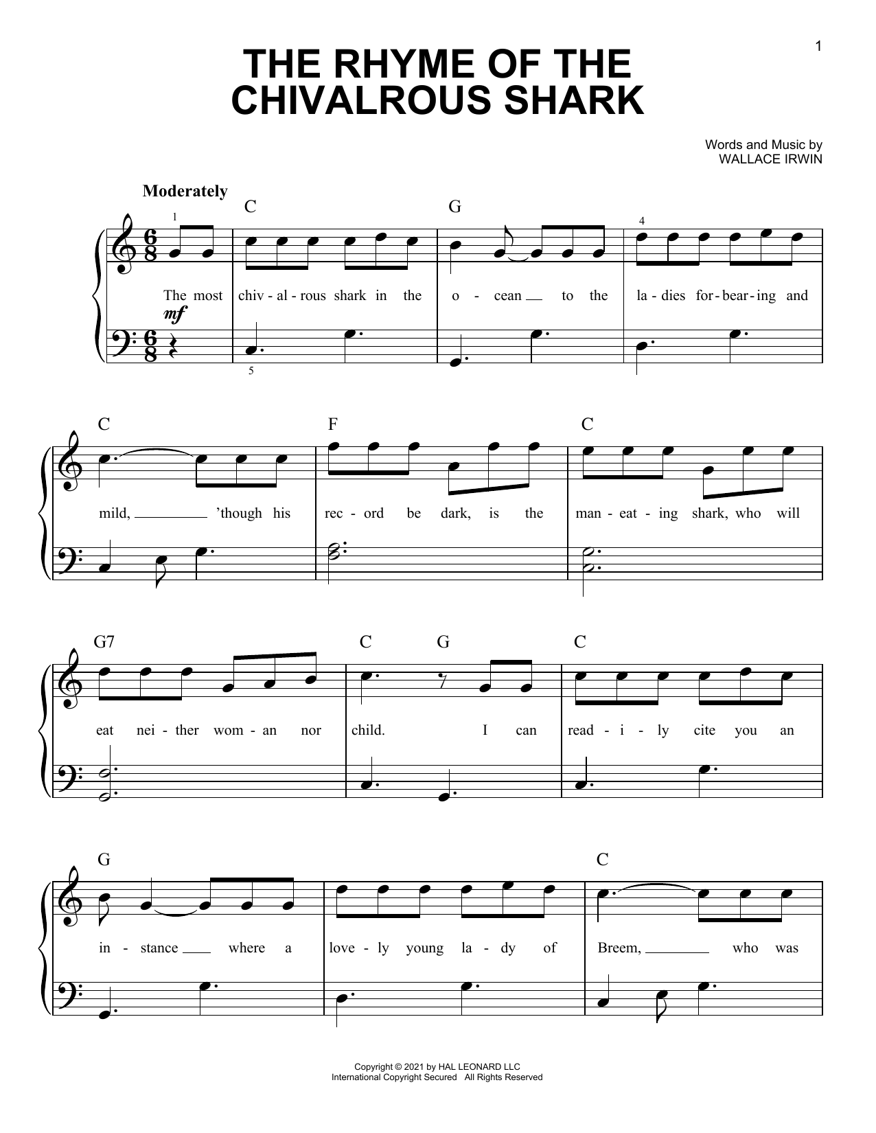 Wallace Irwin The Rhyme Of The Chivalrous Shark Sheet Music Notes & Chords for Easy Piano - Download or Print PDF
