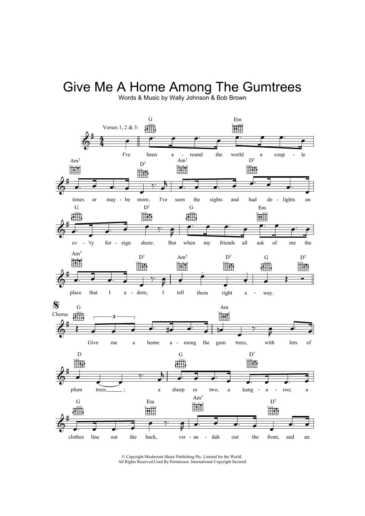 Wally Johnson Give Me A Home Among The Gumtrees Sheet Music Notes & Chords for Melody Line, Lyrics & Chords - Download or Print PDF