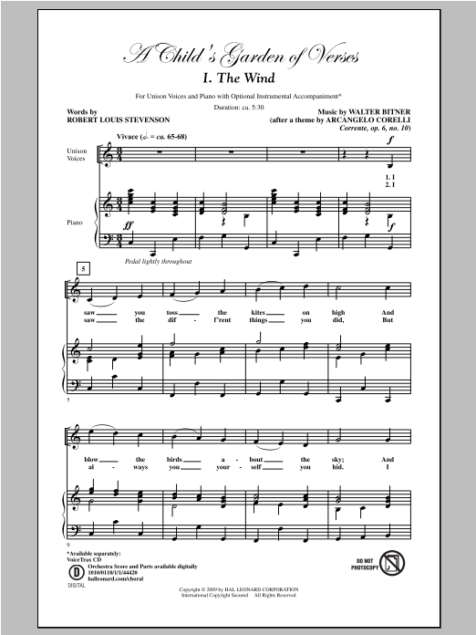 Walter Bitner A Child's Garden of Verses (Set I) Sheet Music Notes & Chords for Unison Choral - Download or Print PDF