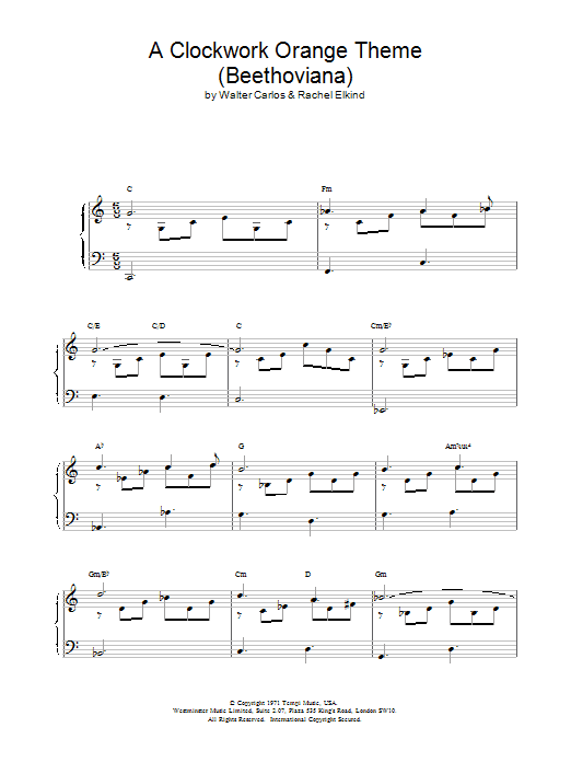 Walter Carlos A Clockwork Orange Theme (Beethoviana) Sheet Music Notes & Chords for Piano - Download or Print PDF