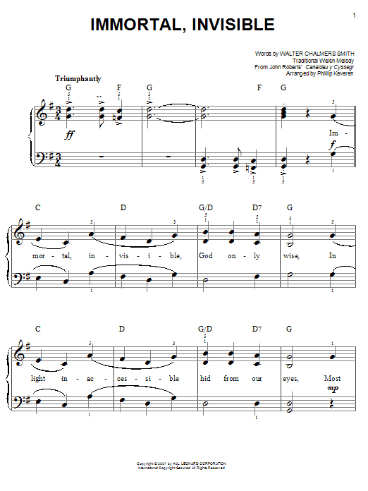 Walter Chalmers Smith Immortal, Invisible Sheet Music Notes & Chords for Easy Piano - Download or Print PDF