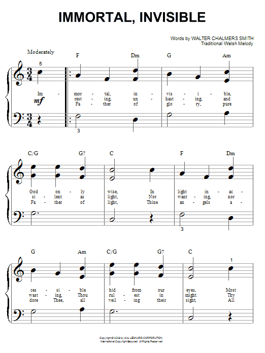 Walter Chalmers Smith Immortal, Invisible Sheet Music Notes & Chords for Piano - Download or Print PDF