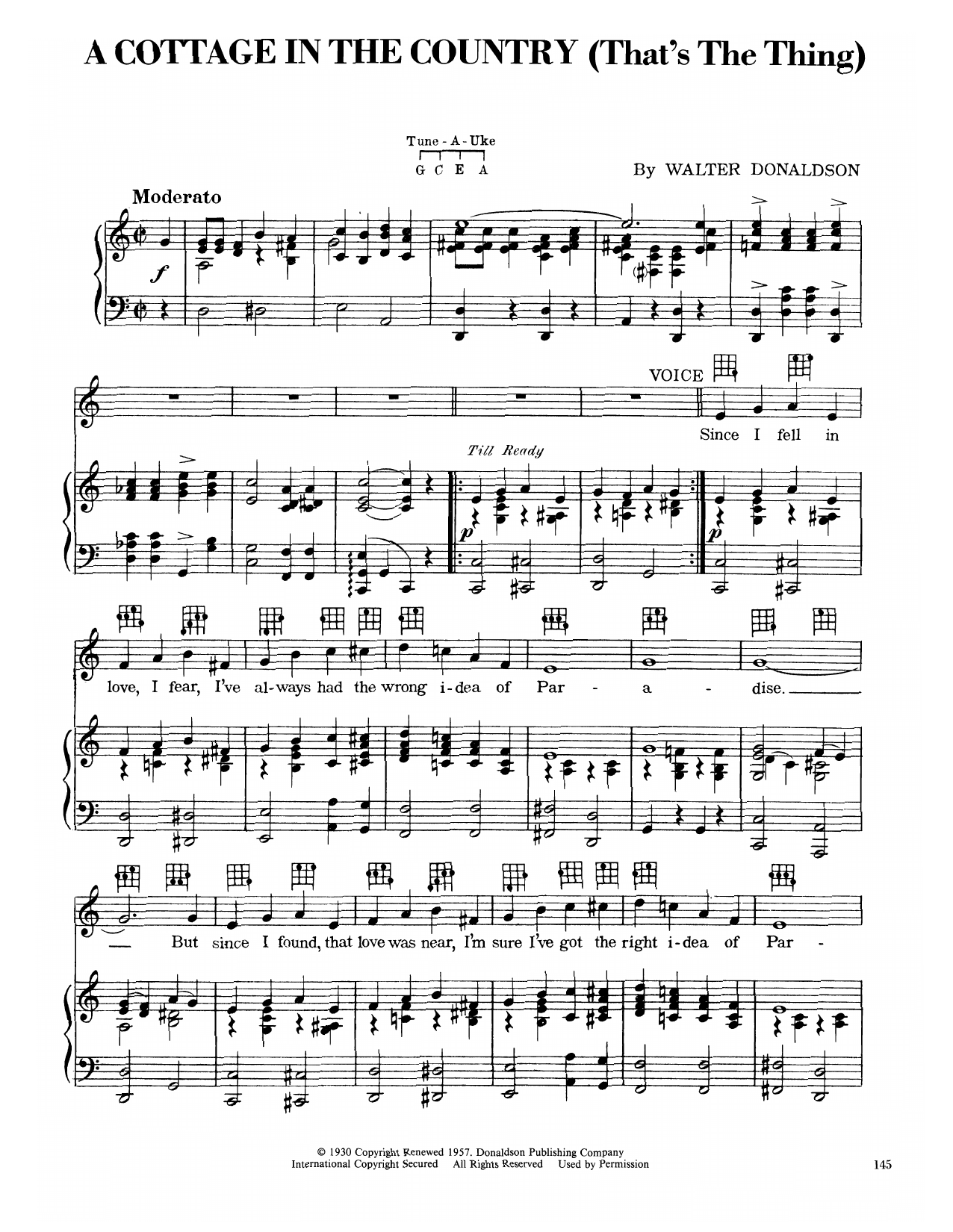 Walter Donaldson A Cottage In The Country (That's The Thing) Sheet Music Notes & Chords for Piano, Vocal & Guitar (Right-Hand Melody) - Download or Print PDF