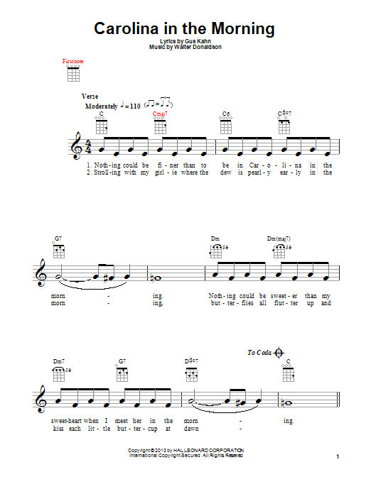 Walter Donaldson Carolina In The Morning Sheet Music Notes & Chords for Ukulele - Download or Print PDF