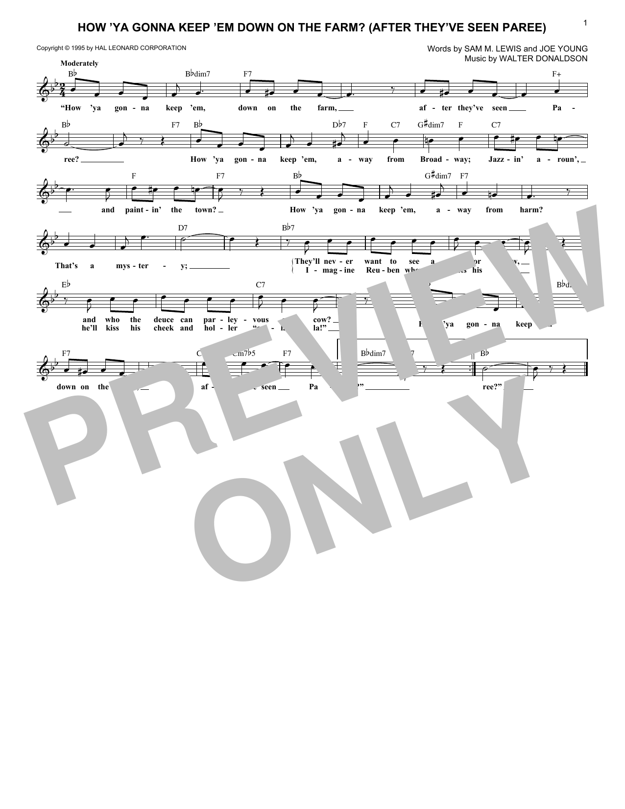 Walter Donaldson How 'Ya Gonna Keep 'em Down On The Farm? (After They've Seen Paree) Sheet Music Notes & Chords for Melody Line, Lyrics & Chords - Download or Print PDF