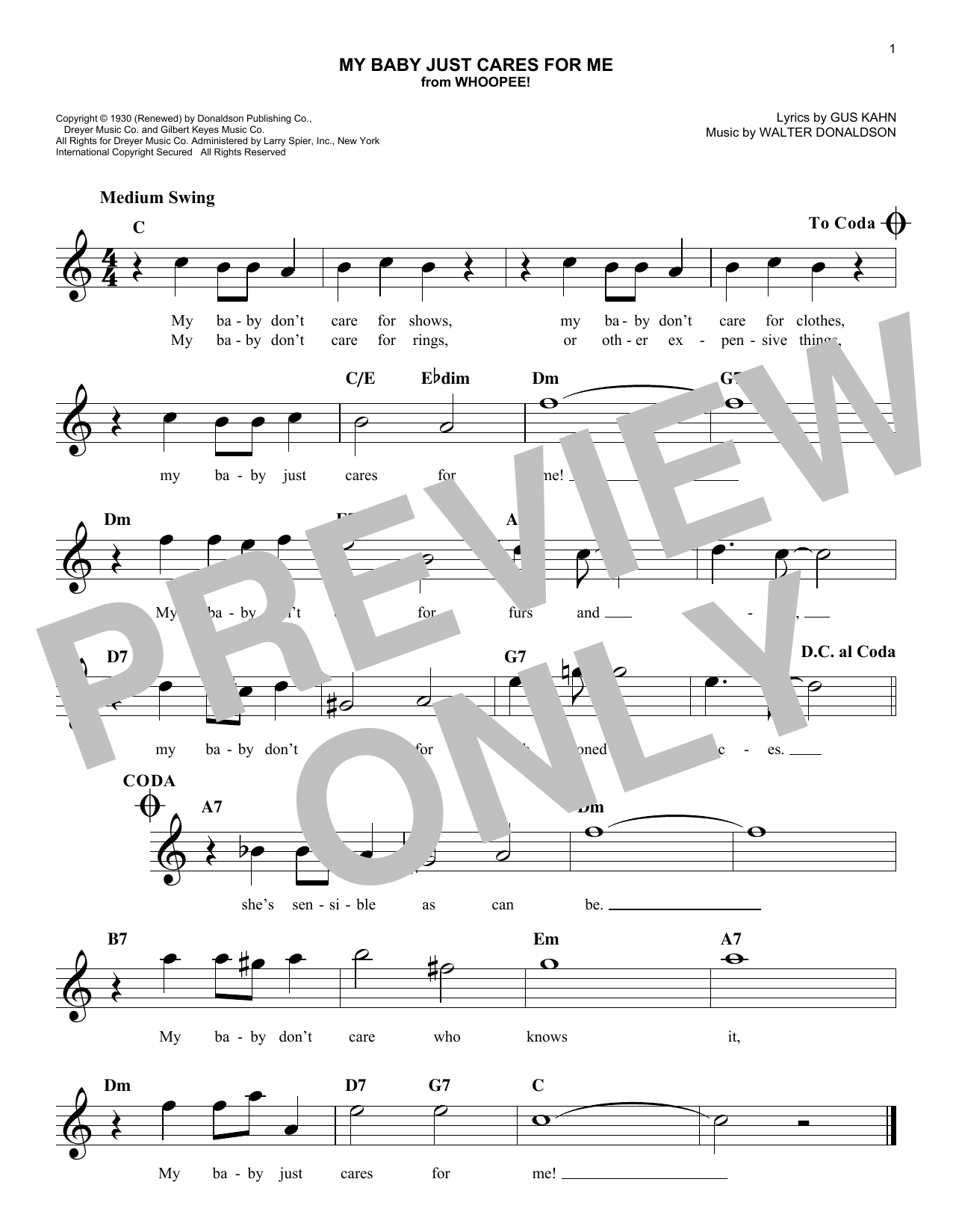 Walter Donaldson My Baby Just Cares For Me Sheet Music Notes & Chords for Melody Line, Lyrics & Chords - Download or Print PDF